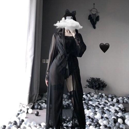 Women Long Sleeve Sexy Lingerie Mesh Bathrobe Chemise Transparent Black Long Dress See Through Bride Erotic Sleepwear Nightwear