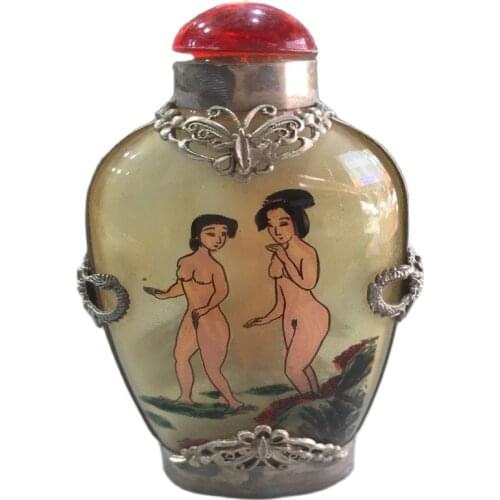 Chinese Tibetan Silver Mosaic Glass Built-In Painting Snuff Bottle Inside Painted Human Body Nude Painting