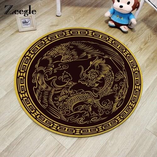 Zeegle Chinese Dragon Phoenix Printing Round Carpet Non-slip Rug Pad Carpet Kids Room Home Decor Floor Mat Water Absorption Mat