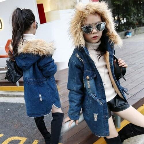 Hot Girls Denim Jacket for Fall Winter New Children Long Clothes Girl Kids Thick Warm Outerwear Coat Cotton Hooded Jacket B192