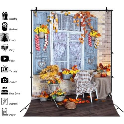 Laeacco Autumn Fruit Flower Wooden Window Brick Wall Child Photograph Backdrop Maple Leaf Interior Photocall Scenic Photo Studio