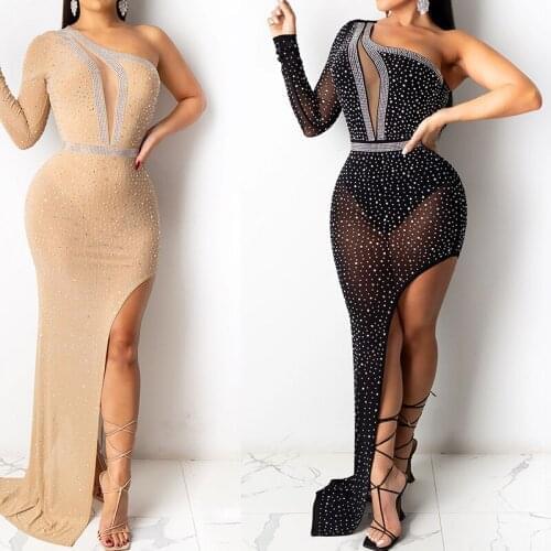 Fashion Sexy Diamonds Irregular Clubbing Dresses Lady One Shoulder Hollow Out See-Through Bodycon Evening Party Vestido Nighclub