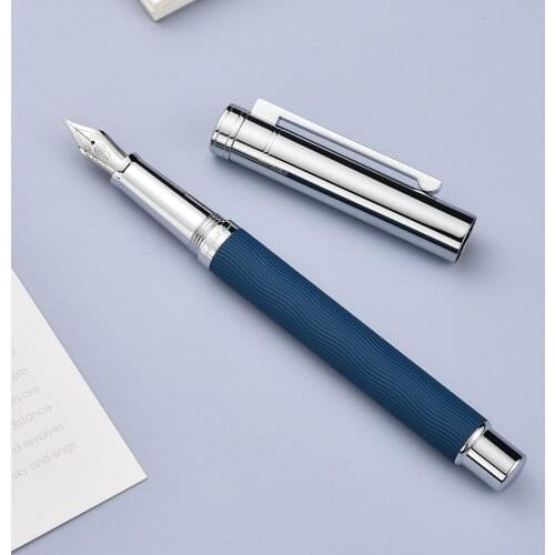 HongDian 1843 Blue Metal Fountain Pen Beautiful Ripples Voyager Iridium EF/F Nib Ink Pen Office Business Writing Gift Ink Pen