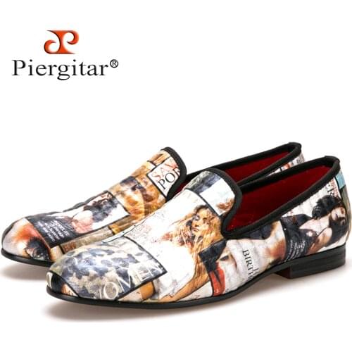 Piergitar Magazine-style Graffiti Cotton Fabric Men loafers with red comfortable cotton insole men causal shoes mens flats