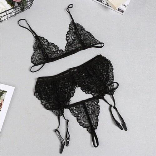 Sexy Femme Transparent Bra Set + Garter Black Women Lingerie Lace Lenceria Plus Size Underwear White Push Up Bra Set