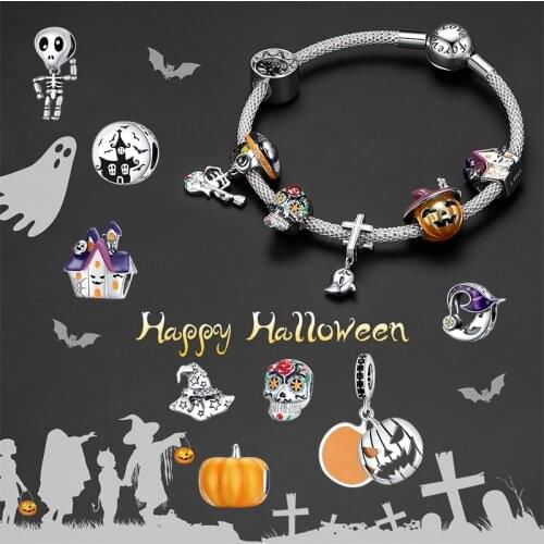 WOSTU Halloween Charms DIY Bracelet 925 Sterling Silver Skull Pumpkin Ghost Witch Hat Pendant Beads Fit Necklace Jewelry Making