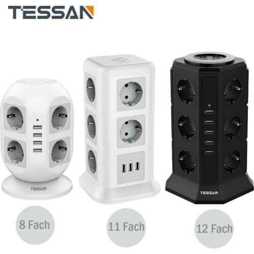 TESSAN Power Strip Tower 2M Extension Cable EU Plug with 3 USB Ports 11 Sockets 2500W On/Off Switch Adapter for Home Office