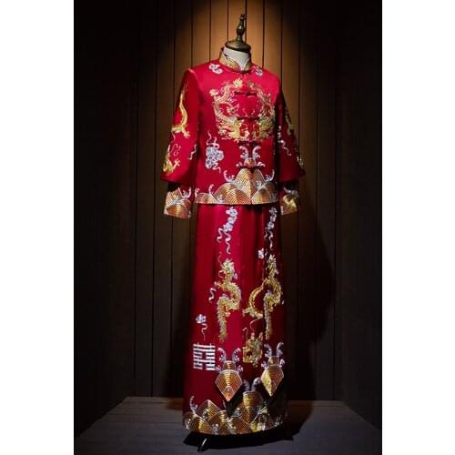 High-Quality Bridegroom Embroidery Cheongsam For Men Banquet Chinese Traditional Dress Wedding Mandarin Collar китайская одежда