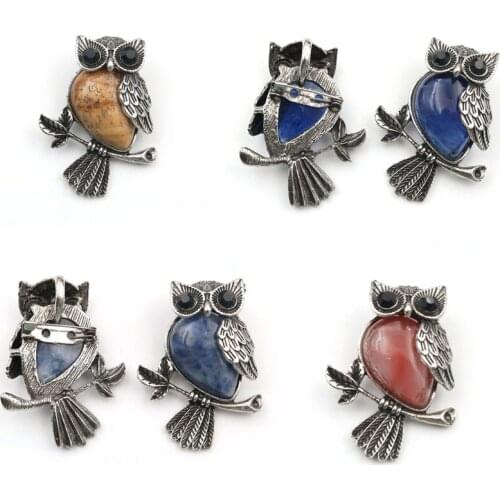 YJXP Owl Pattern Brooches Natural Crystal Quartzs Teardrop Shaped Stone Pendant Animal Birds Antique Silver Brooch Badge Jewelry