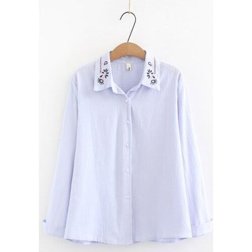 Plus Size XL-4XL Women Blouse Casual Full Cotton Embroidery Long Sleeve OL Tops