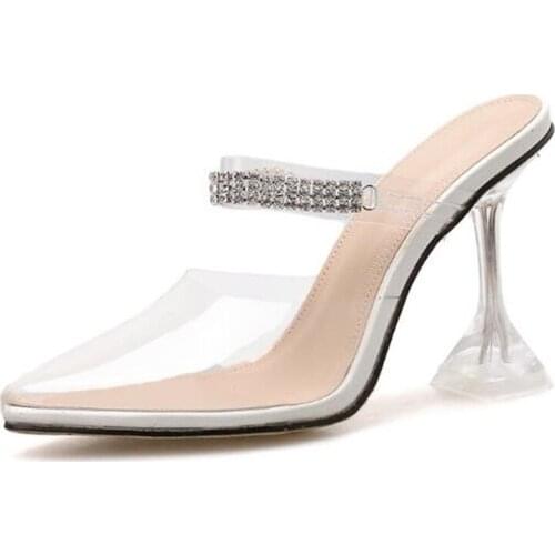 Women Sandals Summer Ladies PVC Pointed Toe 9.5CM Strange Style High heels Rhinestones Bling sandal for women shoes size 35-42