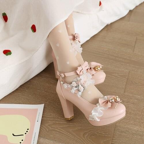 YMECHIC Womens Pumps Autumn New Style Kawayi Bow Lace Rhinestones Lolita Shoes Cosplay Party 9 Cm High Heels Plus Size 34-45