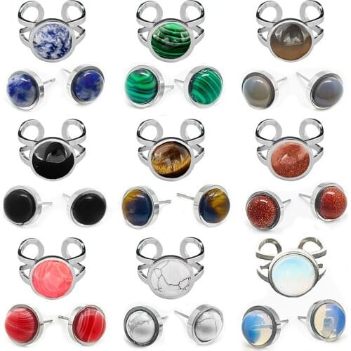 Retro Natural Stone Jewelry Sets for Women Stainless Steel Stud Earrings Open Ring Wedding Christmas Gift Party Fashion Set 2021