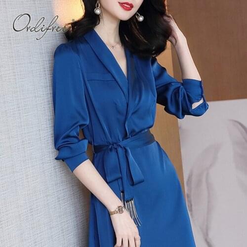 Ordifree 2021 Autumn Women Satin Party Dress Long Sleeve Vintage Elegant Office Lady Blue Bleted Midi Dress