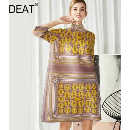 DEAT Woman Pleated Dress Print Turtleneck Seven Sleeve Knee Length Loose Oversized Casual Style 2021 New Autumn Fashion 15XF175