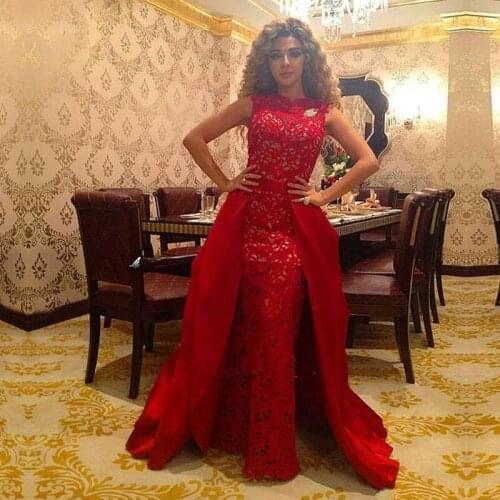 Custom Mermaid vestido de festa Robe de soiree Red Lace Long party Prom gown With Detachable Skirt mother of the bride dresses