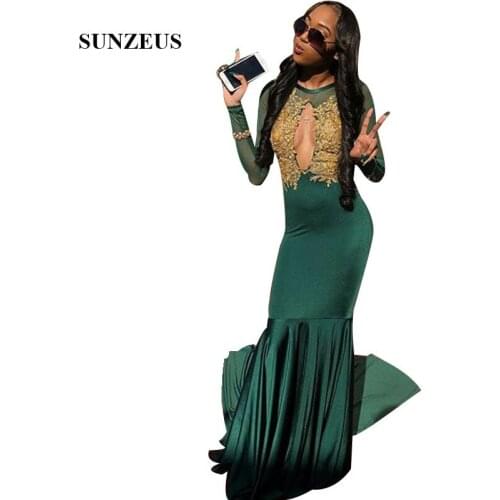 Mermaid Long Green Prom Dress With Gold Appliques Keyhole Front Tulle Long Sleeves Party Gowns vestido formatura longo de noite