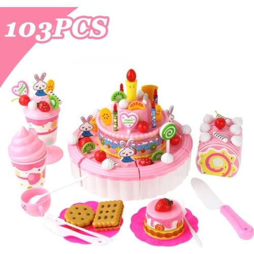 103PCS DIY Pretend Play Fruit Cutting Birthday Cake Miniature Kitchen Food Toys Kids with Light & Music Girls Gift for Children