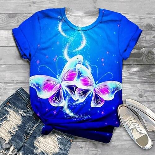 3D Fluorescent Butterfly Printing T Shirt Women 2021 Casual O-Neck Graphic Tee Summer Top Tee Short Sleeve Purple Tshirt S-2XL