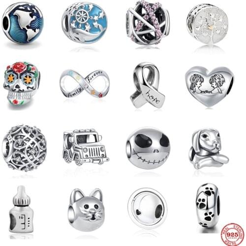 2021 New Real 925 Sterling Silver Cat Dog Dolphin Skull Family Charm Fit Original Pandora Bracelet and Necklace 925 Jewelry Gift