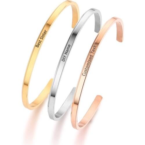 3MM Personalized Cuff Bangle Stainless Steel DIY Wristband Bracelets for Woman Sister Friends Jewelry Gift