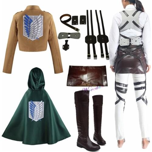 Attack on Titan Shingeki No Kyojin Cosplay Costume Recon Corp Leather Boots Shoes Harness Belt Apron Skirt Scouting Legion Cape