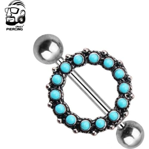Round Blue Flower Stainless Steel Anti Allergic Dangle Piercing Nipple Ring Creative plugs and tunnels 2018 Body Jewelry