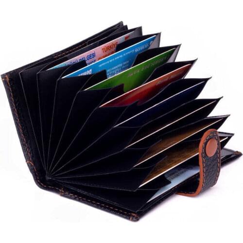 Accordion Model Genuine Leather Men′s Cardholder Black-Brown Detailed