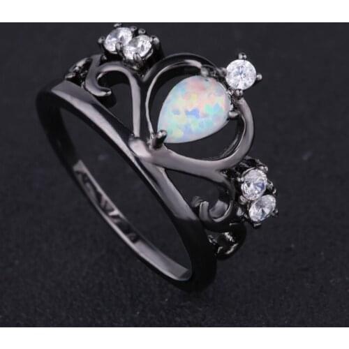 Fashion Black Gun Plated Elegant Crown Shaped blue Fire Opal Ring With AAA Cubic Zircon Best Gift Wedding Ring White Opal