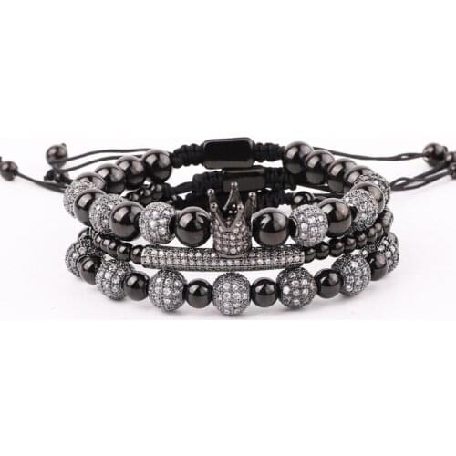 New Design High Quality CZ Pave Crown Charms Stainless Steel Luxury Beads Bracelet Set Men Jewelry Gift