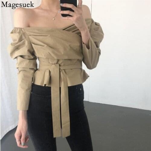 Sexy Off-shoulder Puff Long Sleeve Blouse Women Fashion Slim Waist Bandage Womens Shirt Pleated Cross Short Top Blusas 16797