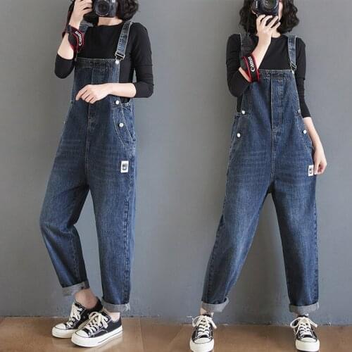 Straight Denim Bib Women 2021 Slim Korean Pants Jeans Loose Wide-leg Nine-point Overalls Jumpsuit Trousers Streetwear