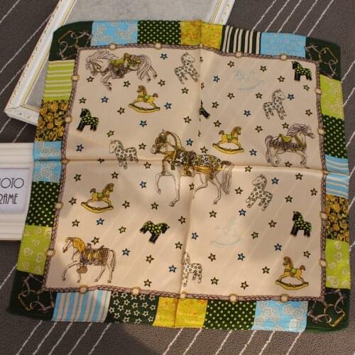 POBING 100% Pure Silk Scarf Star Horse Designer Square Scarves Wraps Small Head Handkerchief Wholesale Hijab Bag Shawl 53x53CM