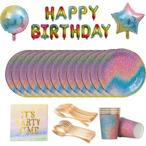 Shining Starry Sky Theme Birthday Party Disposable Tableware Set Rainbow Color Paper Plates Cup Napkin Spoon Fork Party Supplies