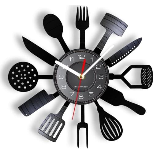 Tableware For Western Food Vinyl LP Wall Clock Eggbeater Fork Knife Slotted Turner LED Lighting Wall Watch Kitchen Hanging Decor