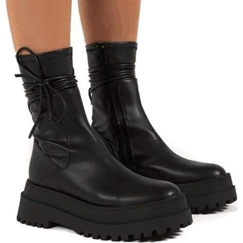 2021 Autumn and Winter New Womens Shoes Solid Color PU Thick Bottom Side Zipper Laces Fashion Trend Street Cool Boots