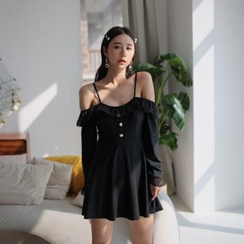 Plus Size One Piece Swimsuit Women Beachwear Push Up 2021 Female Ancient Black Long Sleeve Word Shoulder Strap Print Polyester