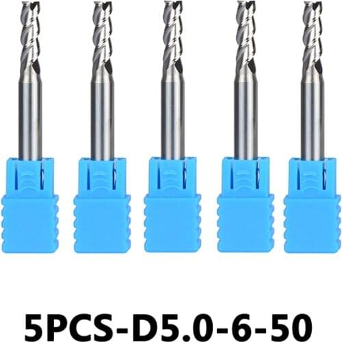 5pcs/lotD5-6-50 Tungsten Steel End Mills 3-Flute Flattened Head Milling Cutters Carbide End mills HRC45 Suitable for Aluminum