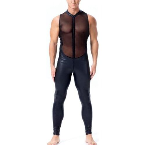 Erotic Latex bodysuit men wetlook Faux Leather Mesh lingerie Open Crotch pvc Catsuit Zipper Catsuit Fetish Wear Sexy Costume