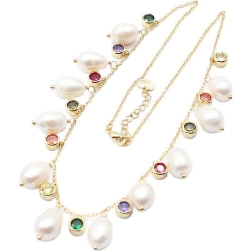 GG Jewelry Freshwater Cultured White Rice Pearl Multi Color Cubic Zirconia CZ Pave Chain Necklace 18" Pearl Pendant For Women