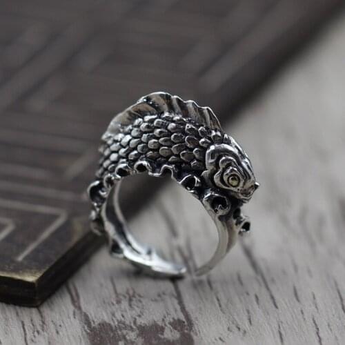 925 jewelry Thai silver build character carved three-dimensional fish mouth do old restoring ancient ways ring ring