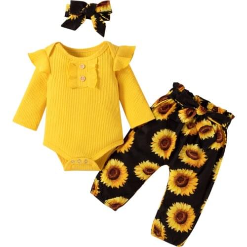 Baby Girls Three-piece Clothes Set Round Collar Long Sleeve Romper, Floral Printed Pattern Pants and Headdress