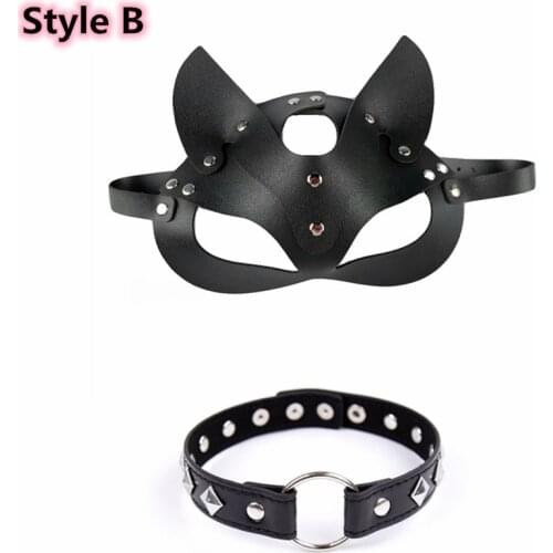 Cat Ears Women Cosplay Sexy Black Leather Rivet Upper Half Face Eyes Mask with Neck Collar for Fetish Masquerade Ball Carnival