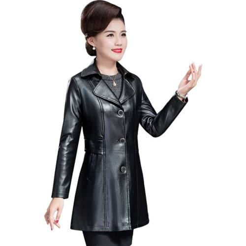 Fashion Middle Aged Women Faux Leather Jacket Spring Autumn Single Breased Pu Jackets Female Streetwear Coat