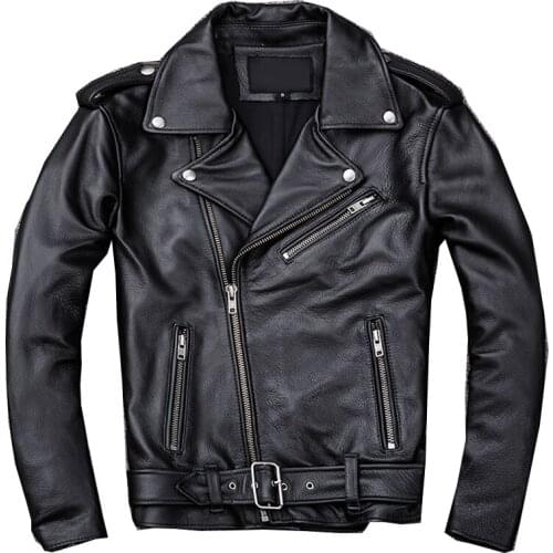 Mens classic motorcycle jacket natural leather calfskin thick cowhide motorcycle jacket