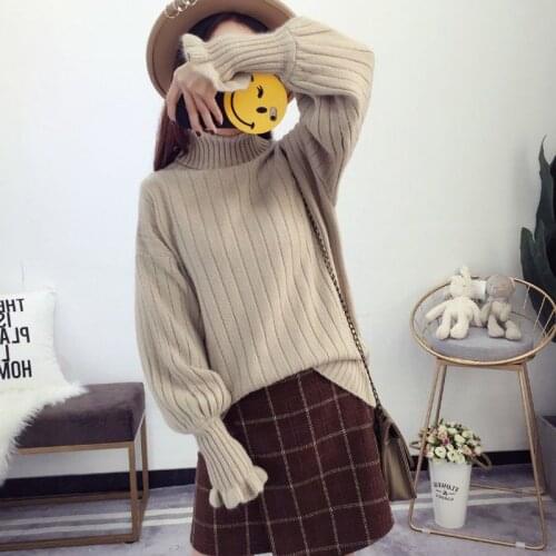 Solid Autumn Winter Womans Knitted High Neck Jumpers Long Sleeve with Ruffles Female Turtleneck Sweater Loose Pullover for Lady