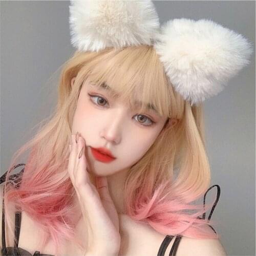 Gradient Blonde Pink Lolita Wig Harajuku Fairy Cosplay Hair Golden Straight Long Sweet Peach Bangs Adult Girls Hair