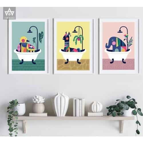 Animal in Bathtub Poster Print Llama Duck and Elephant Canvas Painting Modern Nursery Wall Art Nordic Pictures Kid Room Decor