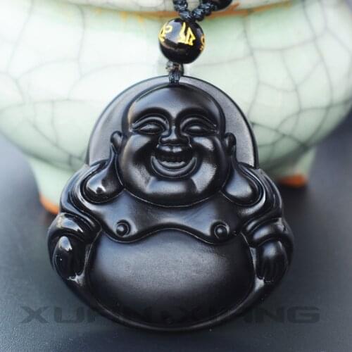 Drop Shipping Natural Obsidian necklace Pendant Fine black smile Maitreya Buddha pendant For Woman Men Vintage Free Chain