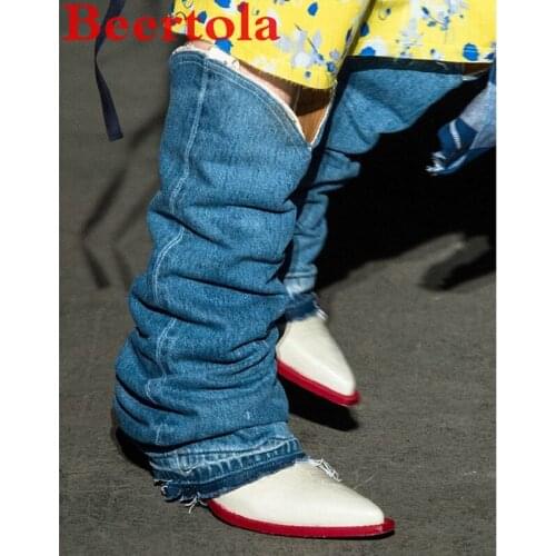 Genuine Leather Upper Womens Boots Denim Western Boots Women Punk Style Knight Boots Pointed Toe Hip Hop New Autumn Mid Boots